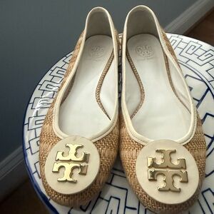 Tory Burch Tan Reva Raffia Woven Ballet Flats